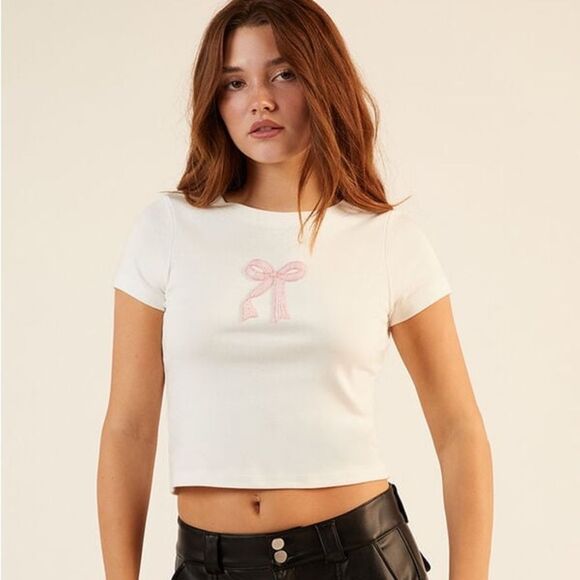 PacSun White Pink Crop Tee - Picture 1 of 4